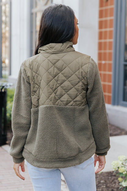 Olive Quilted Zip Up Fleece Jacket - Magnolia Boutique