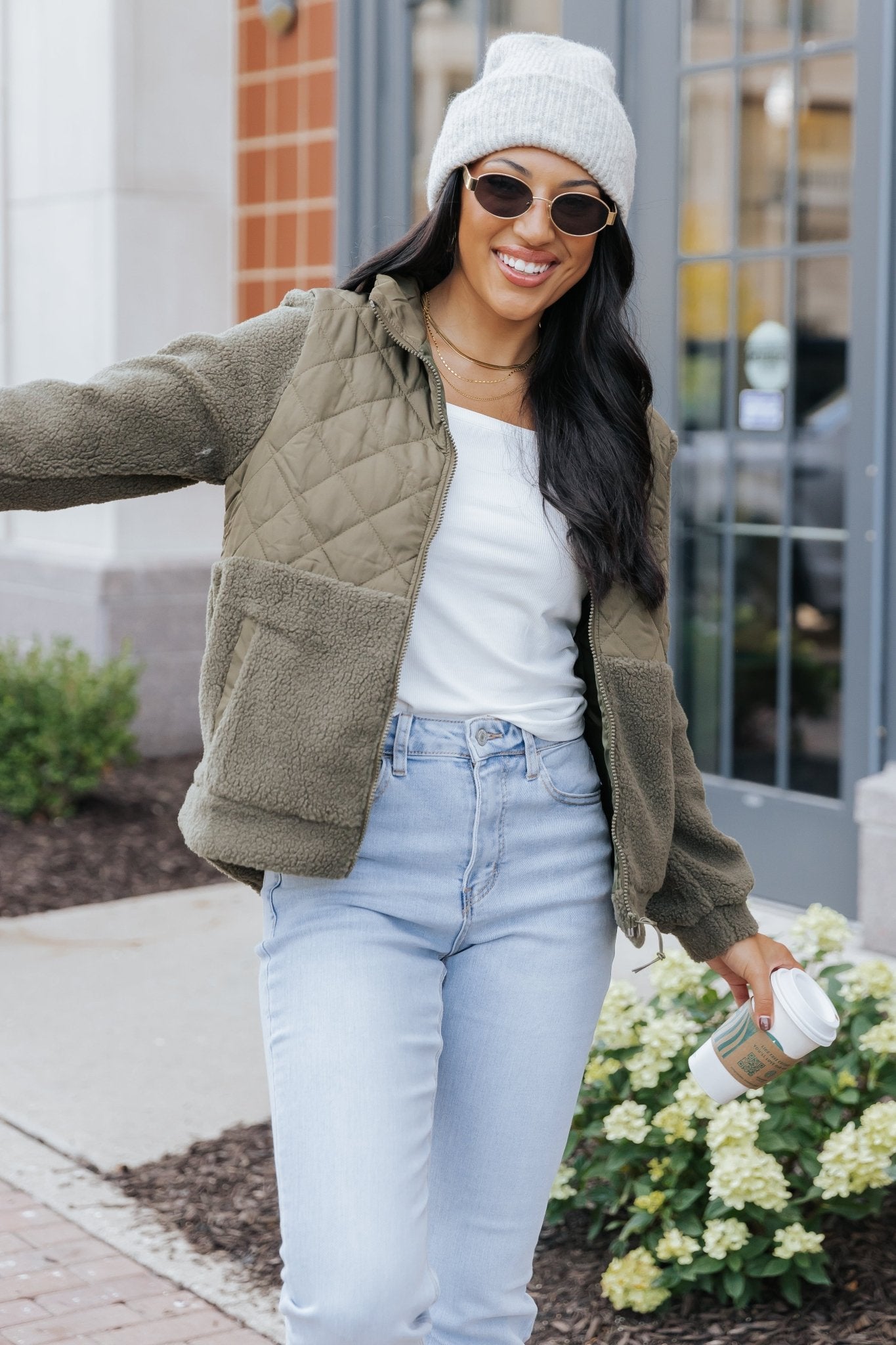 Olive Quilted Zip Up Fleece Jacket - Magnolia Boutique