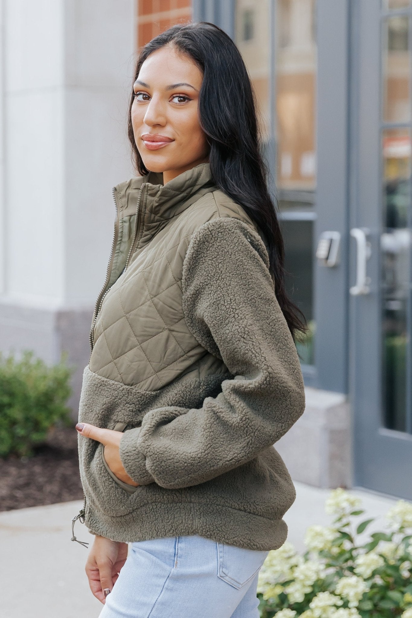 Olive Quilted Zip Up Fleece Jacket - Magnolia Boutique