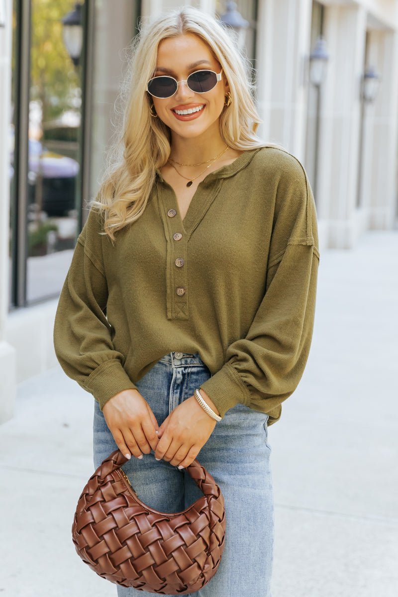 Olive Seam Detail Button Up Top - Magnolia Boutique