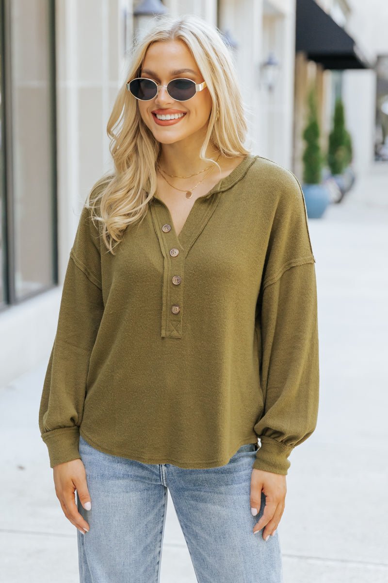 Olive Seam Detail Button Up Top - Magnolia Boutique