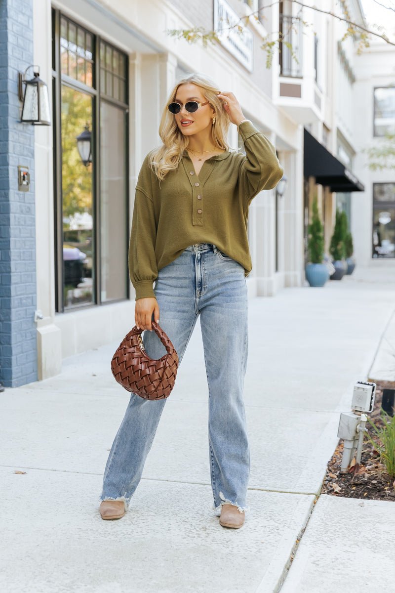 Olive Seam Detail Button Up Top - Magnolia Boutique