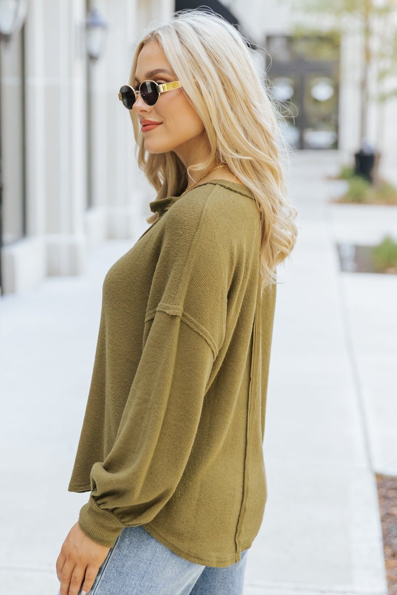 Olive Seam Detail Button Up Top - Magnolia Boutique