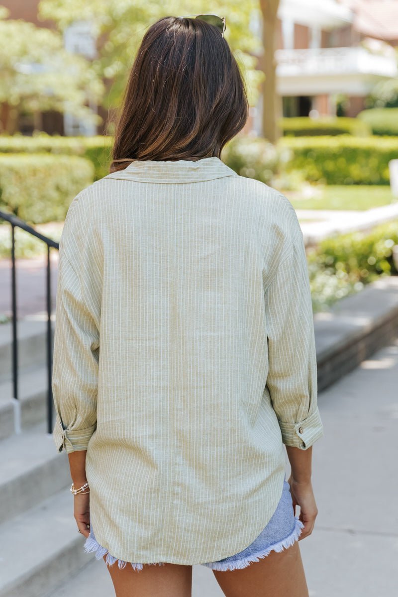 Olive Striped Button Down Linen Shirt | Pre Order - Magnolia Boutique