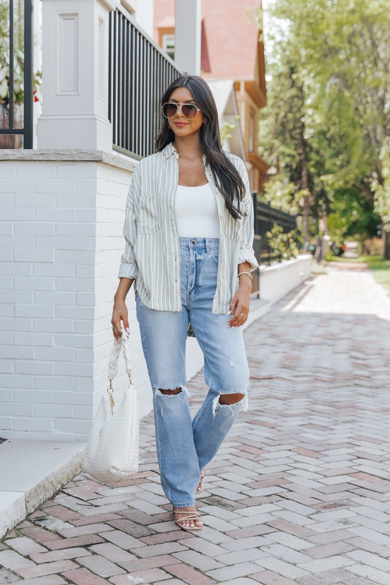 Olive Striped Button Down Shirt - Magnolia Boutique