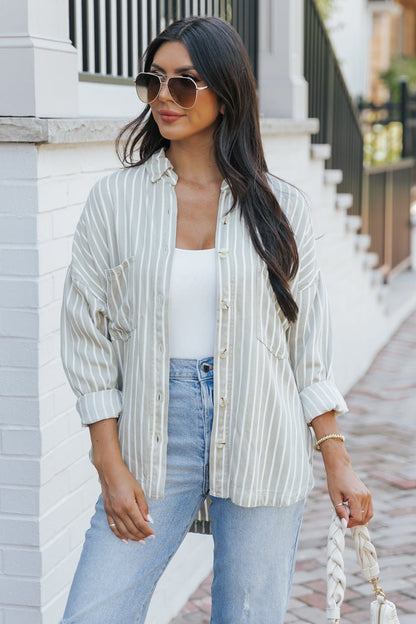 Olive Striped Button Down Shirt - Magnolia Boutique