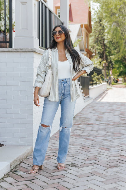 Olive Striped Button Down Shirt - Magnolia Boutique