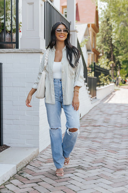 Olive Striped Button Down Shirt - Magnolia Boutique