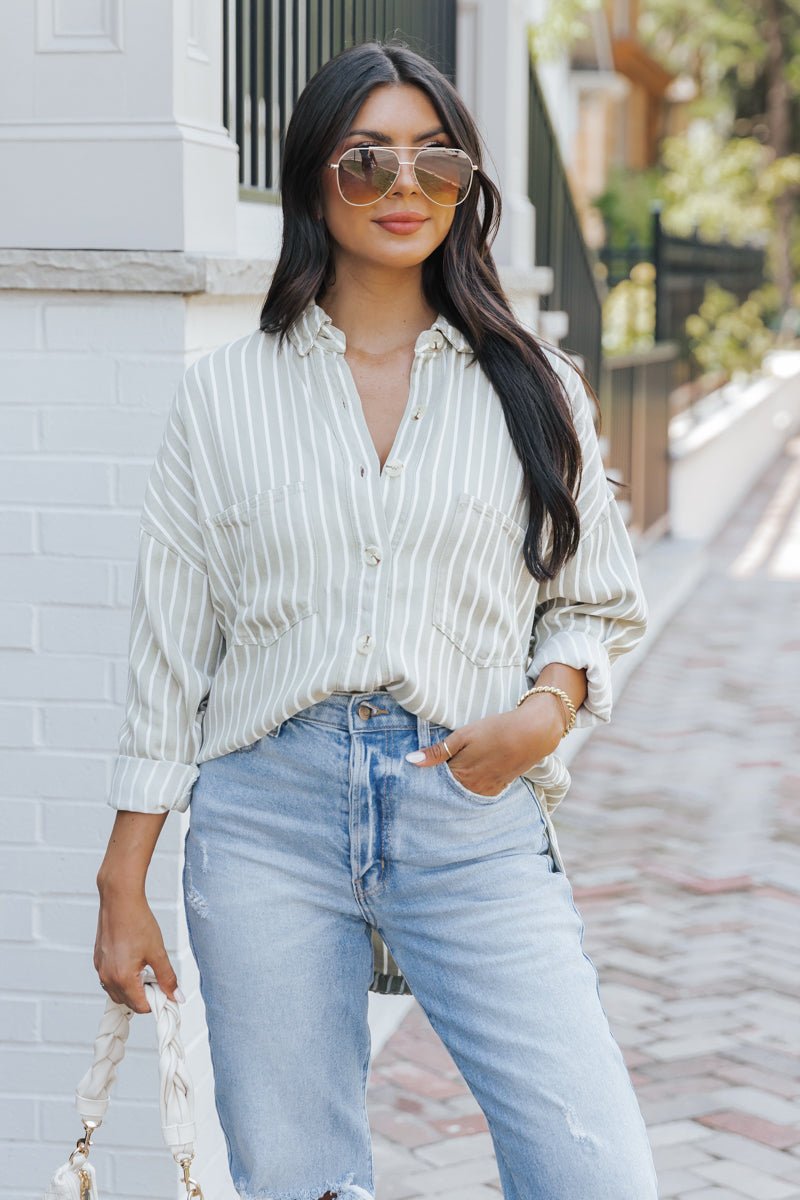 Olive Striped Button Down Shirt - Magnolia Boutique