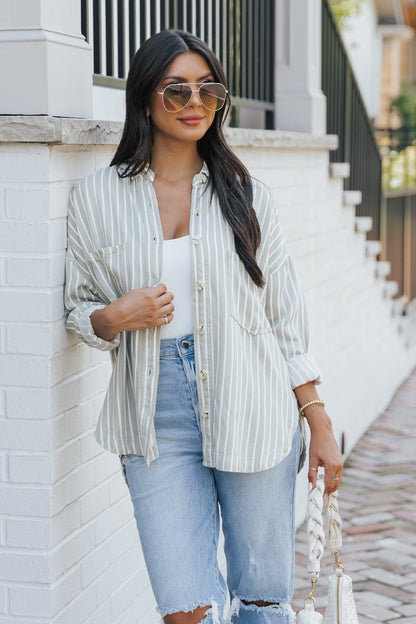 Olive Striped Button Down Shirt - Magnolia Boutique