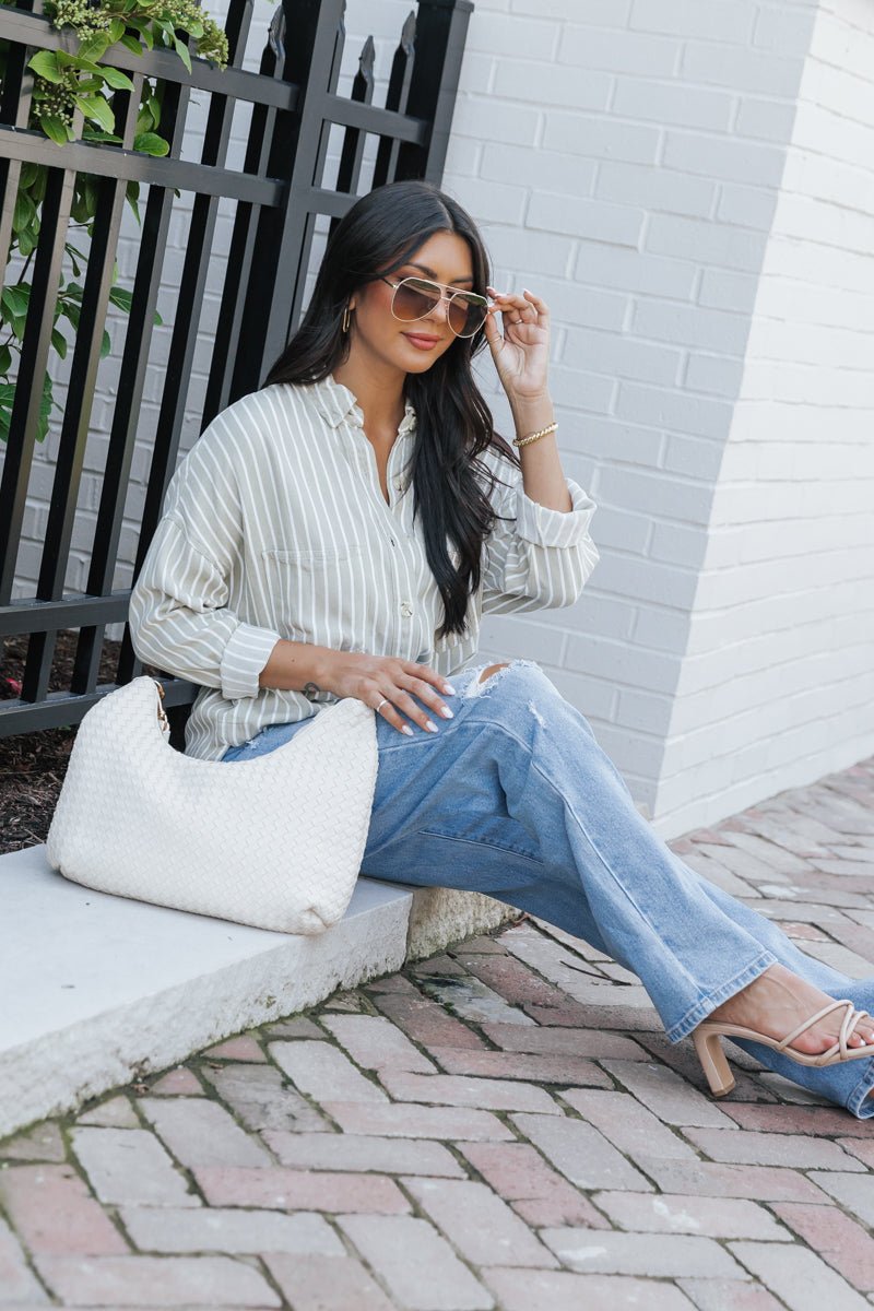 Olive Striped Button Down Shirt - Magnolia Boutique