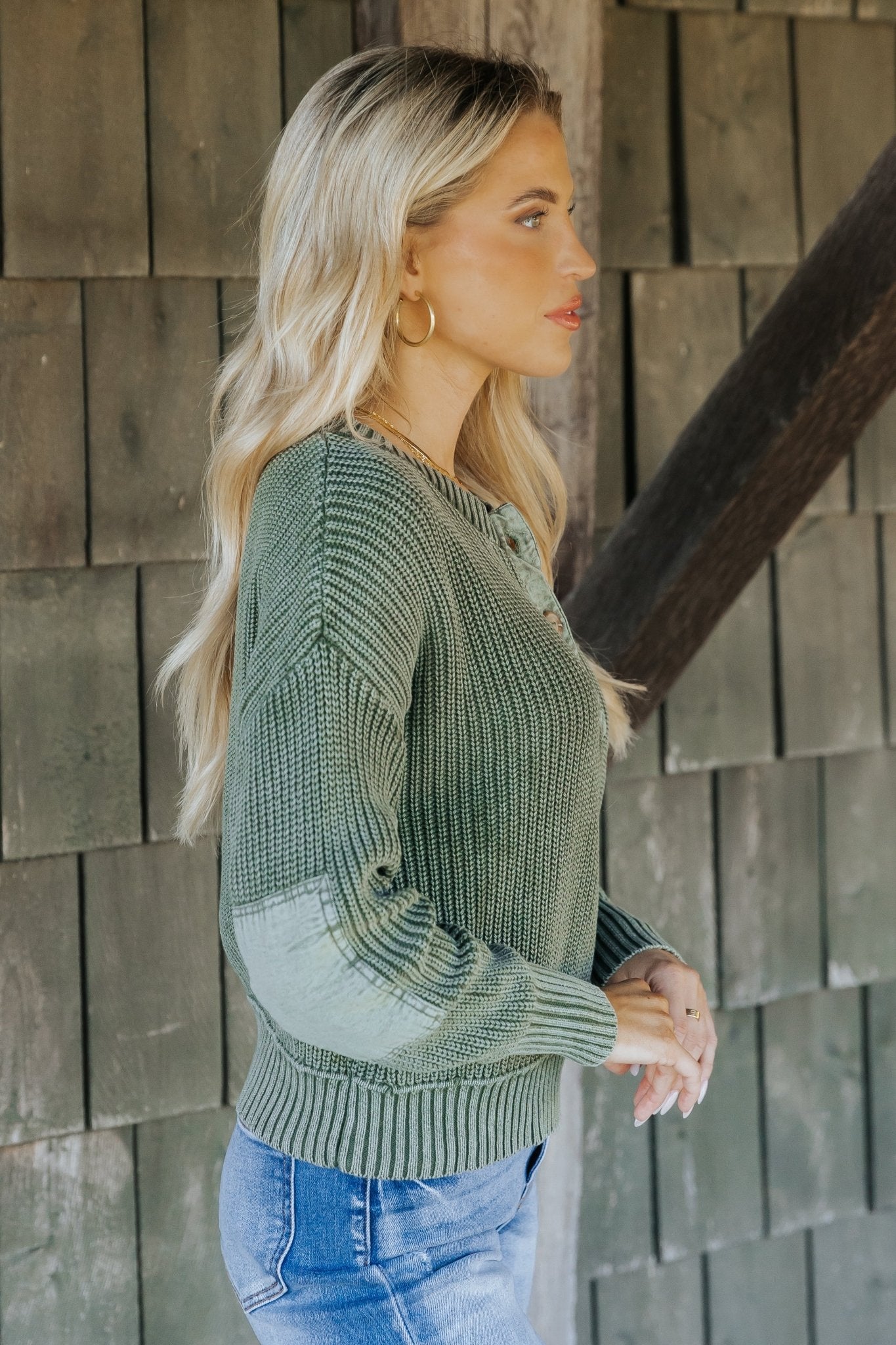 Olive Washed Henley Sweater - Magnolia Boutique