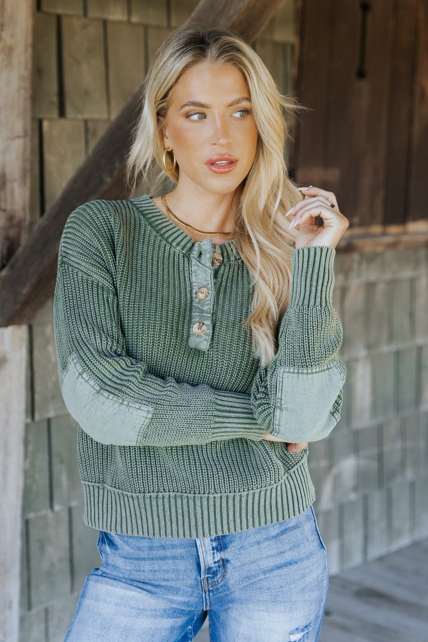 Olive Washed Henley Sweater - Magnolia Boutique