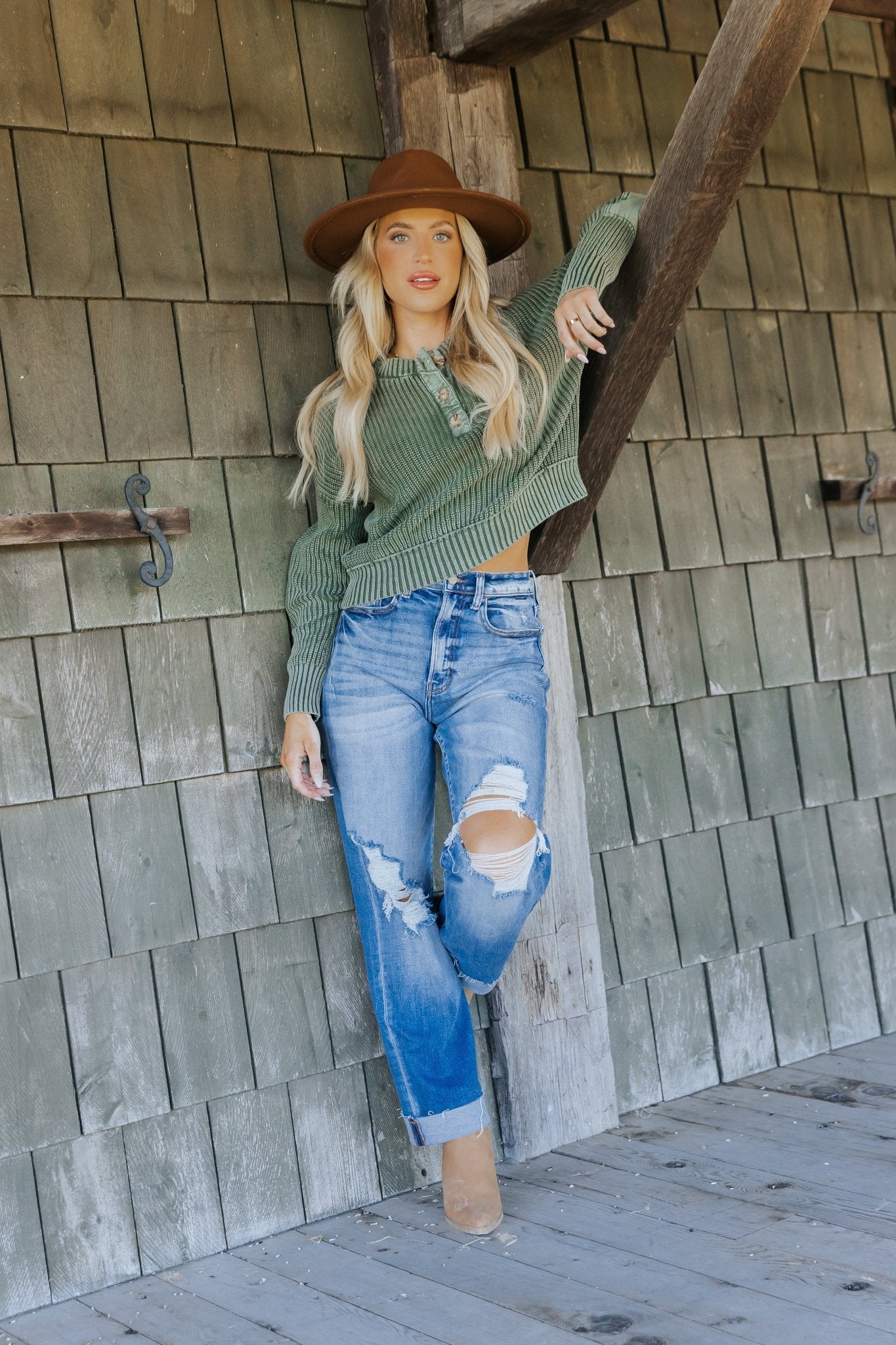 Olive Washed Henley Sweater - Magnolia Boutique