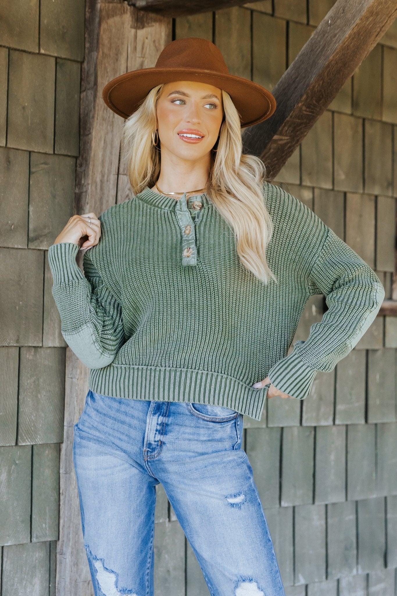 Olive Washed Henley Sweater - Magnolia Boutique