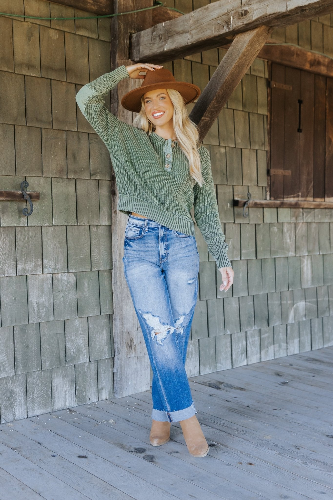 Olive Washed Henley Sweater - Magnolia Boutique