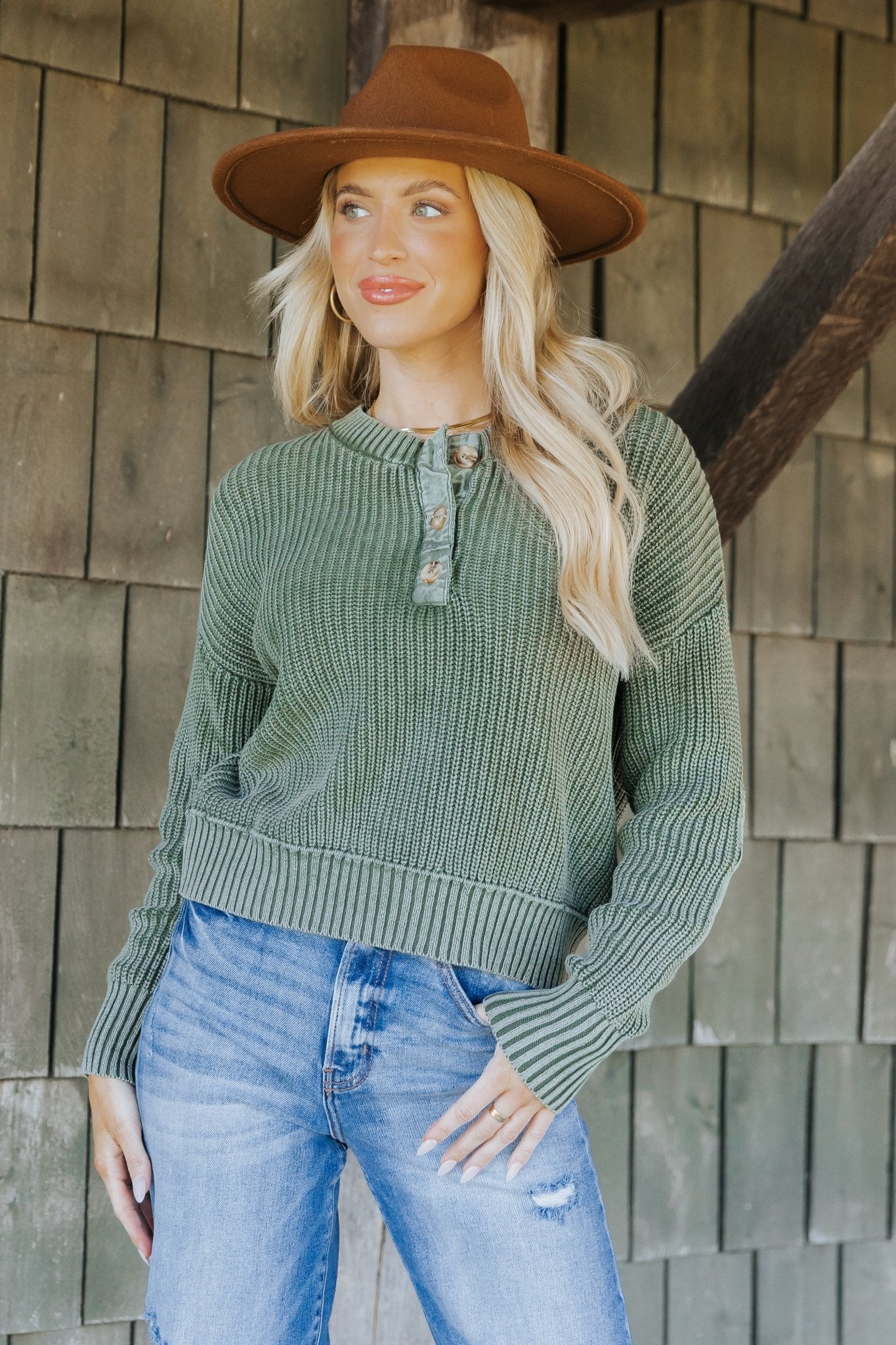 Olive Washed Henley Sweater - Magnolia Boutique