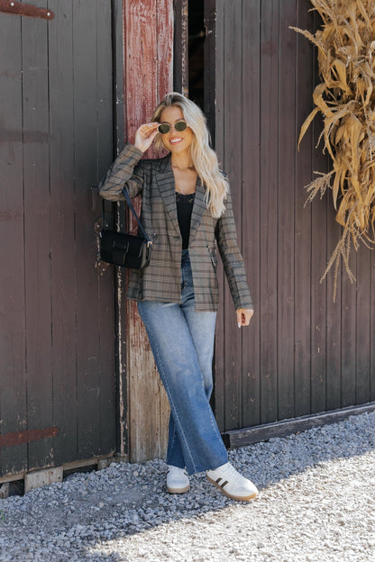 On Break Charcoal Plaid Blazer - Magnolia Boutique