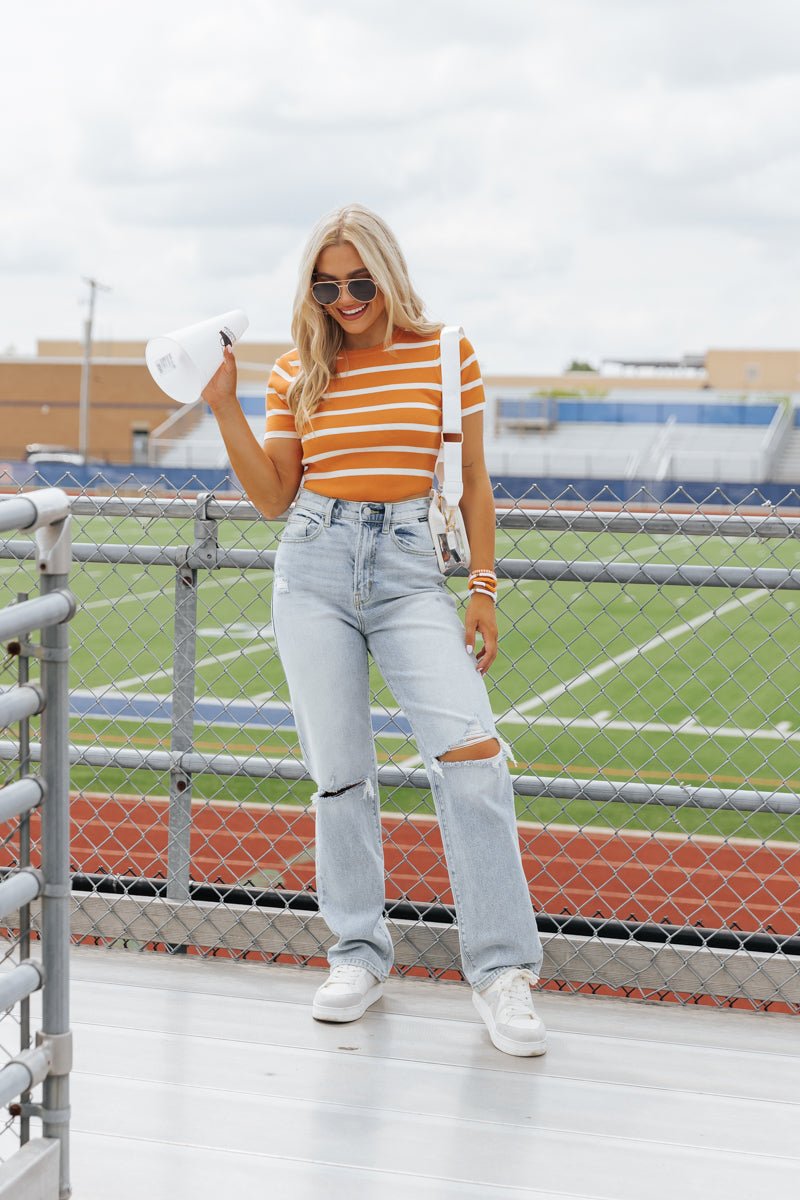 Orange and White Striped Cropped Sweater - Magnolia Boutique