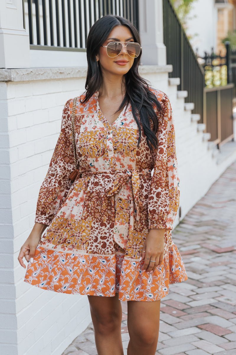 Orange Floral Print Belted Mini Dress - Magnolia Boutique