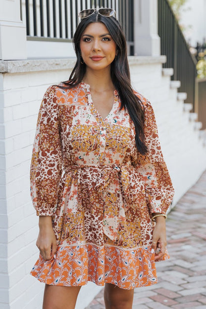 Orange Floral Print Belted Mini Dress - Magnolia Boutique