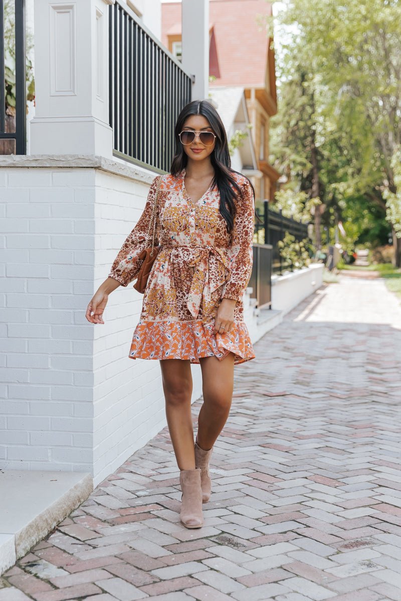 Orange Floral Print Belted Mini Dress - Magnolia Boutique