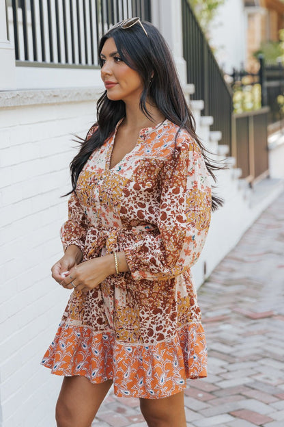 Orange Floral Print Belted Mini Dress - Magnolia Boutique