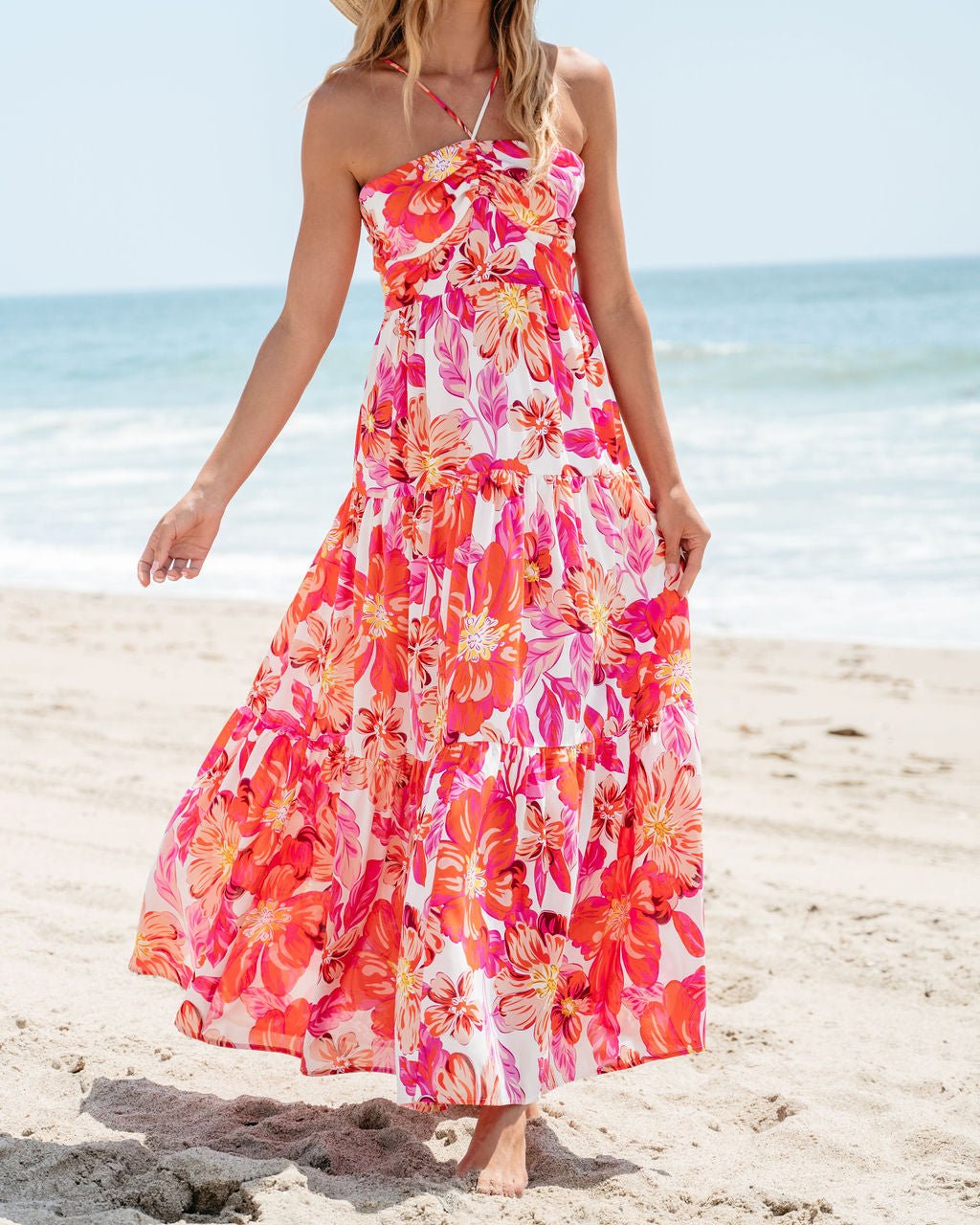 Orange Floral Print Halter Maxi Dress FINAL SALE