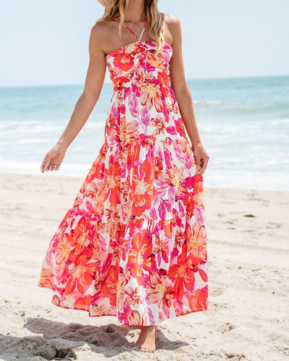 Orange Floral Print Halter Maxi Dress - Magnolia Boutique