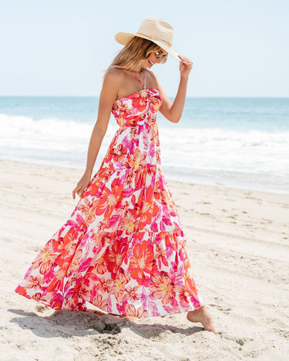 Orange Floral Print Halter Maxi Dress - Magnolia Boutique
