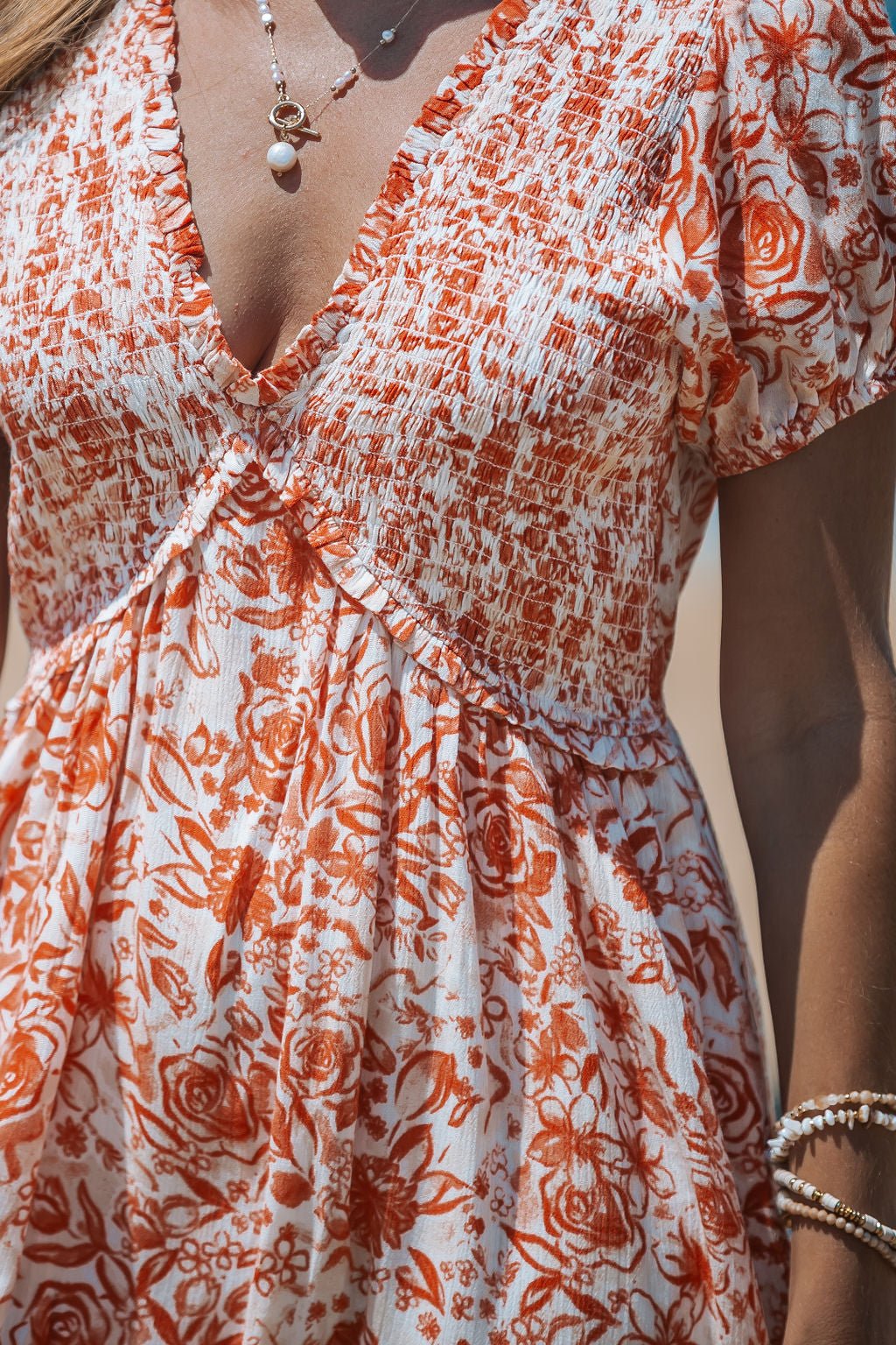 Orange Floral Print Smocked Mini Dress - Magnolia Boutique