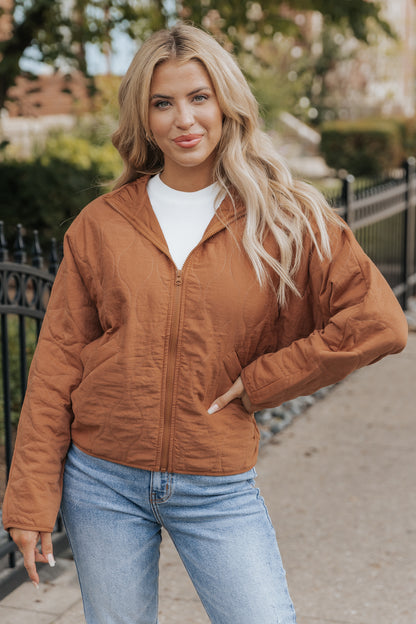 Pale Copper Quilted Bomber Jacket