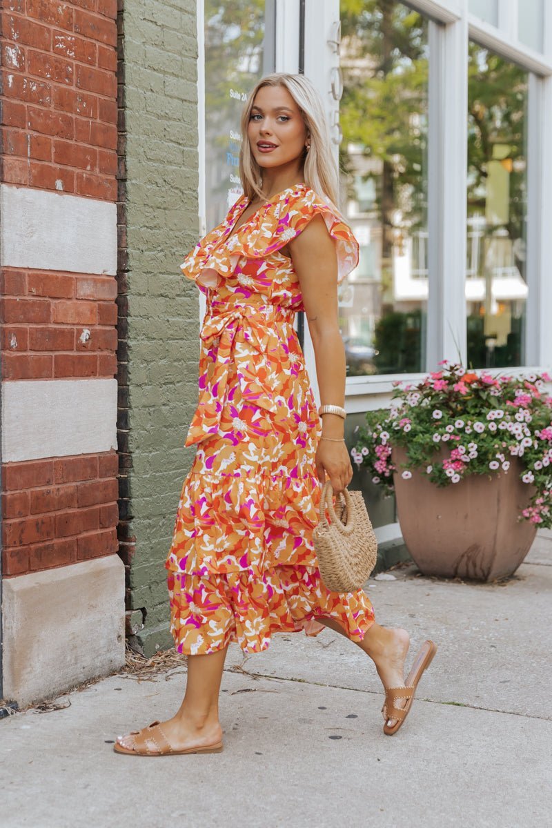 Paradise Peach Floral Tie Midi Dress - Magnolia Boutique