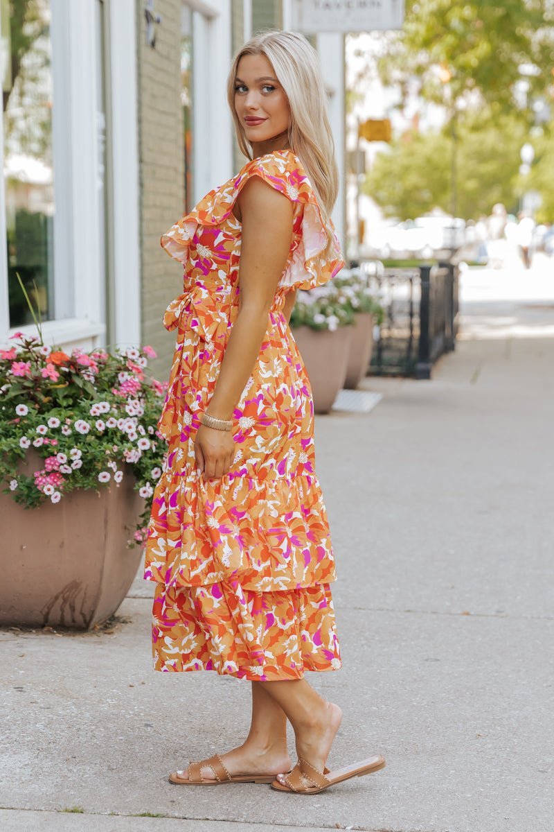 Paradise Peach Floral Tie Midi Dress - Magnolia Boutique