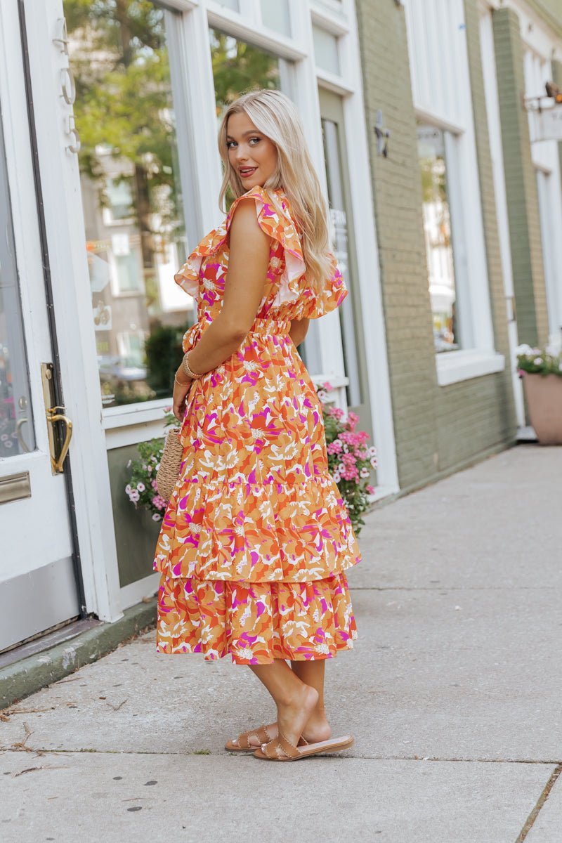 Paradise Peach Floral Tie Midi Dress - Magnolia Boutique