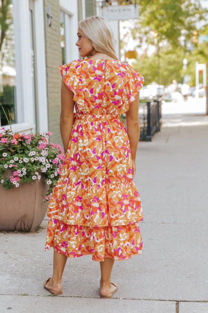 Paradise Peach Floral Tie Midi Dress - Magnolia Boutique