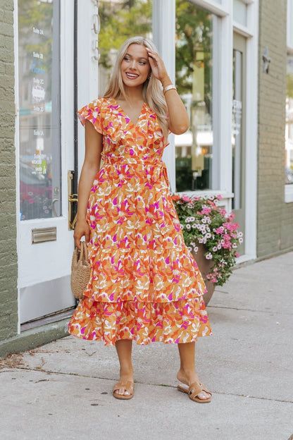 Paradise Peach Floral Tie Midi Dress - Magnolia Boutique