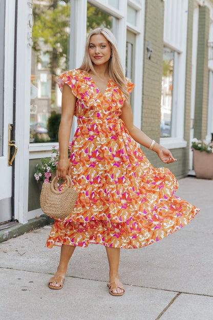 Paradise Peach Floral Tie Midi Dress - Magnolia Boutique