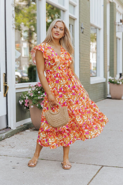 Paradise Peach Floral Tie Midi Dress - Magnolia Boutique