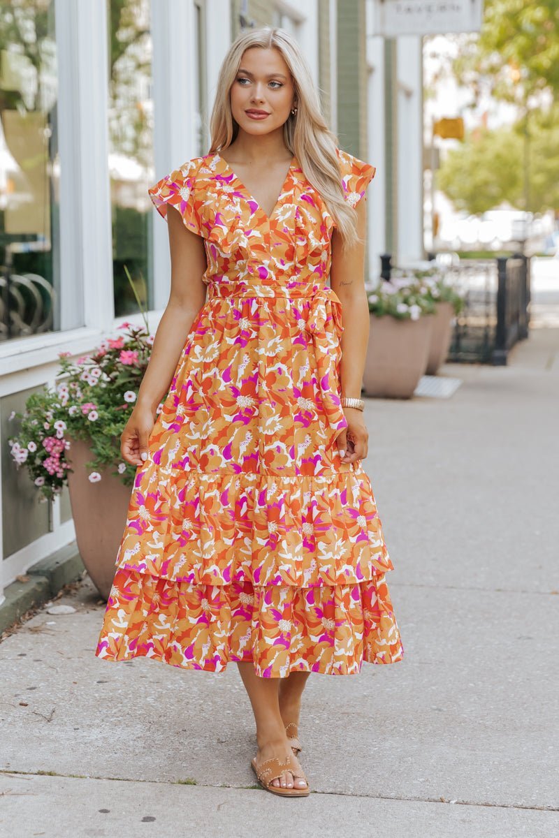 Orange Floral orders Midi Dress