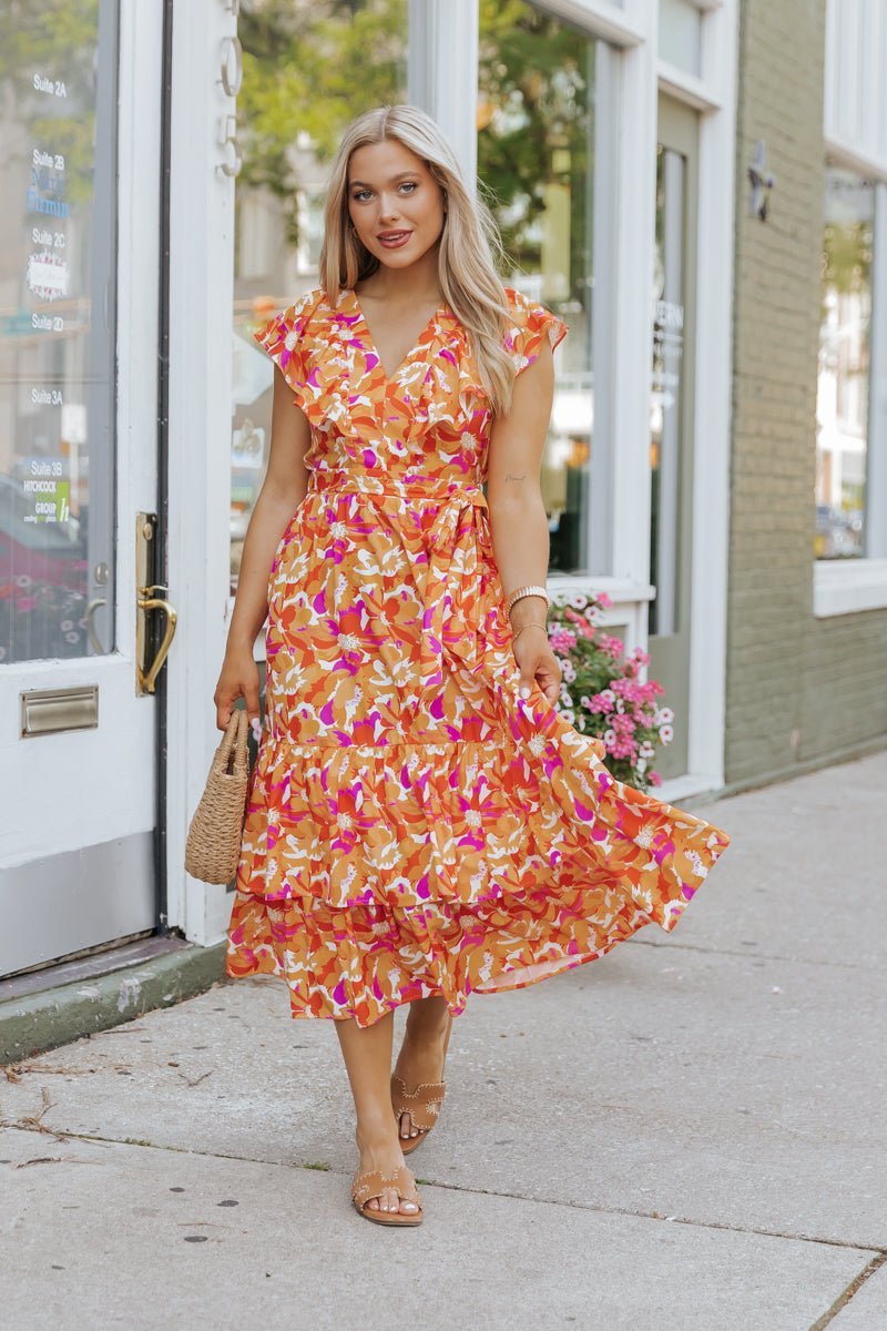 Paradise Peach Floral Tie Midi Dress - Magnolia Boutique