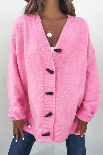 Woman in the Pink Brushed Button Down Sweater Cardigan—stylish, bump-friendly, and perfect for fall.