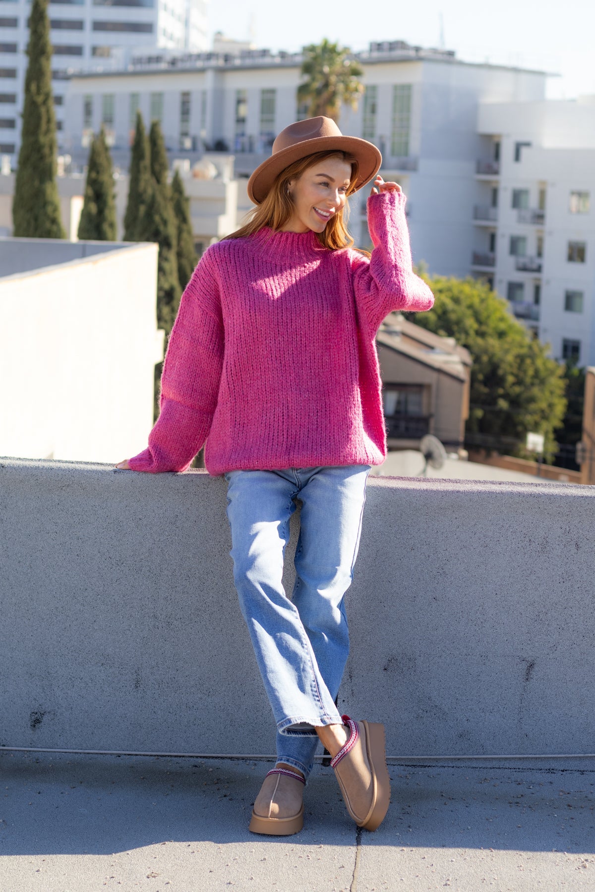 Pink Oversized Mock Neck Sweater - Magnolia Boutique