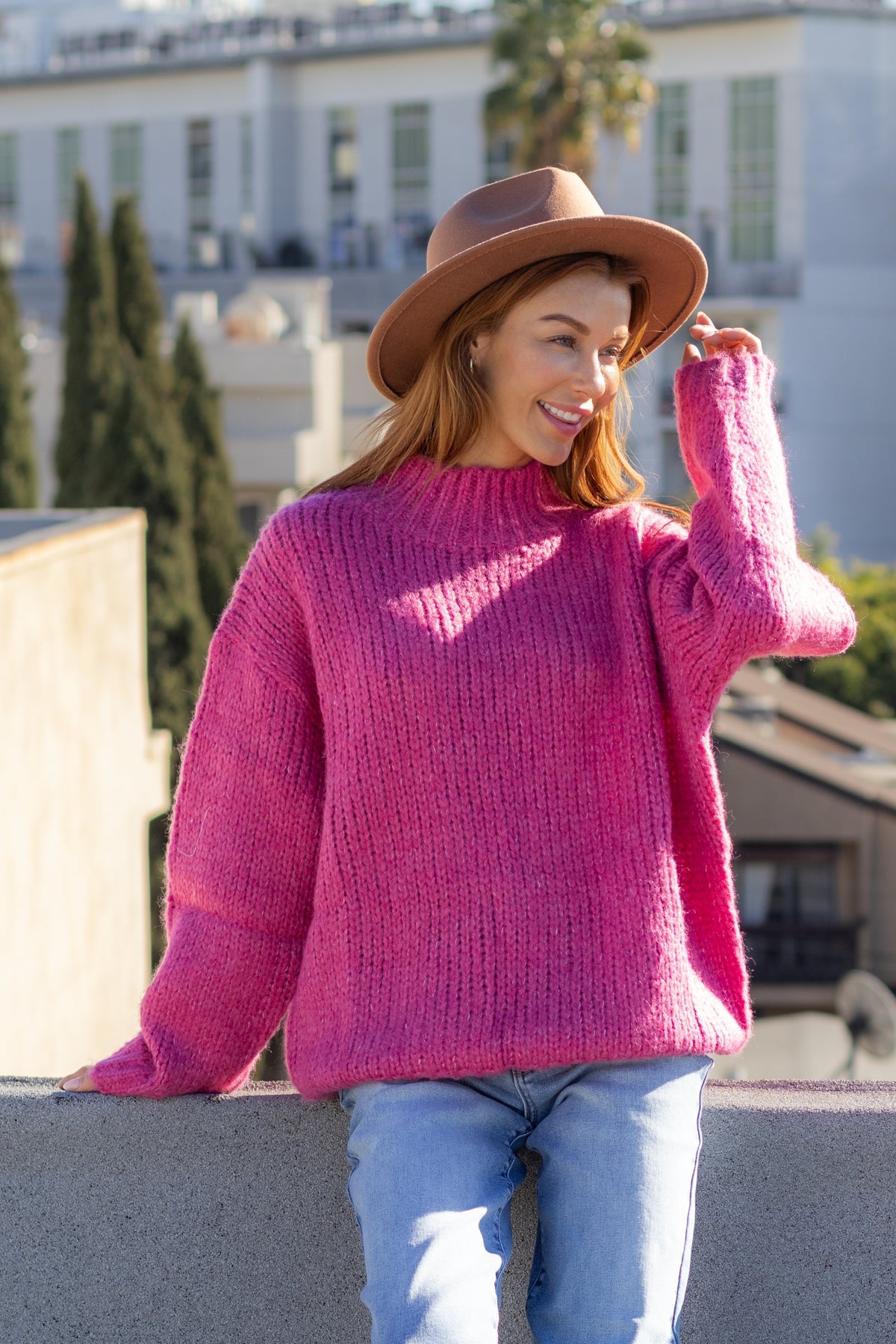 Pink Oversized Mock Neck Sweater - Magnolia Boutique