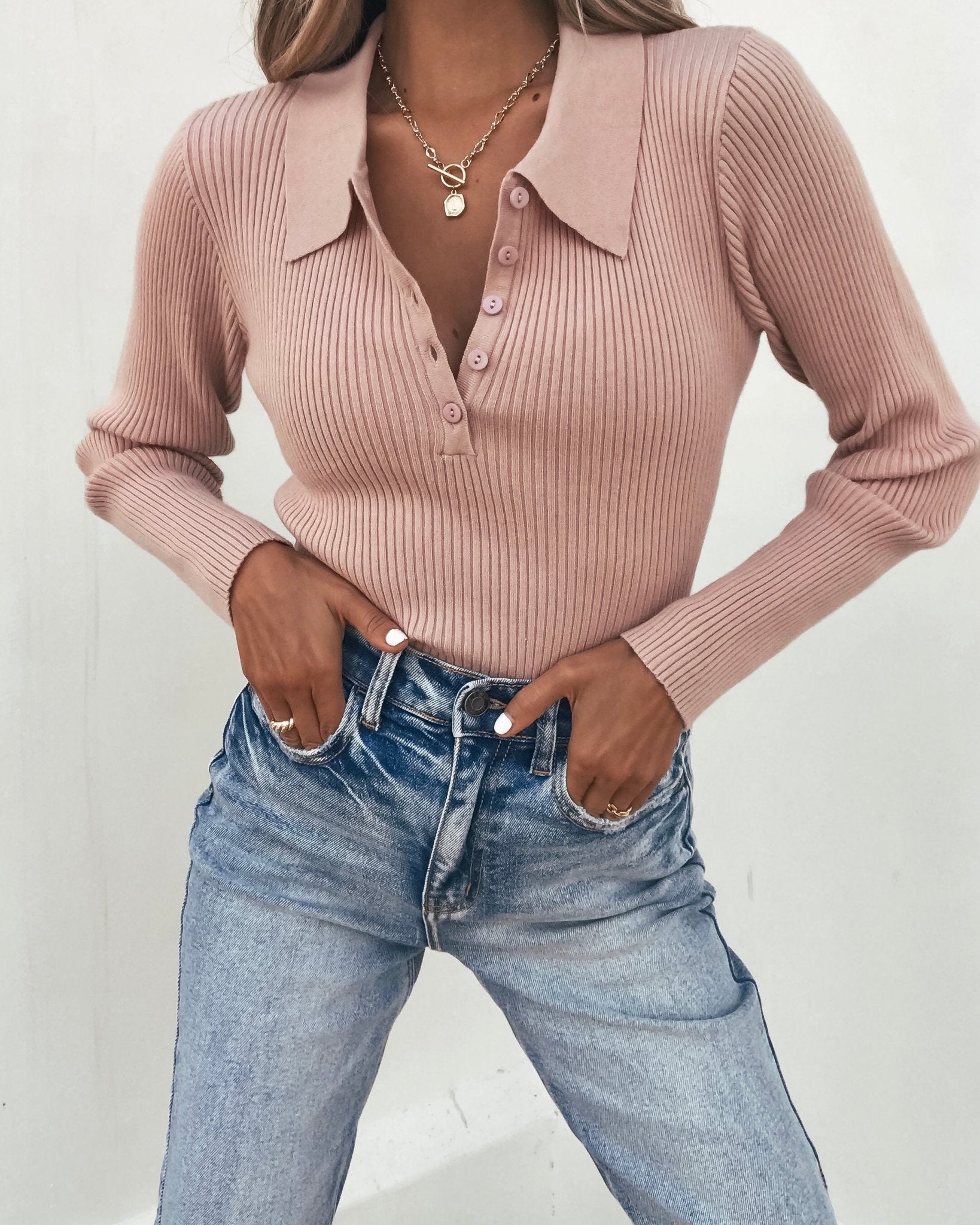 Pink Ribbed Button Up Top - Magnolia Boutique