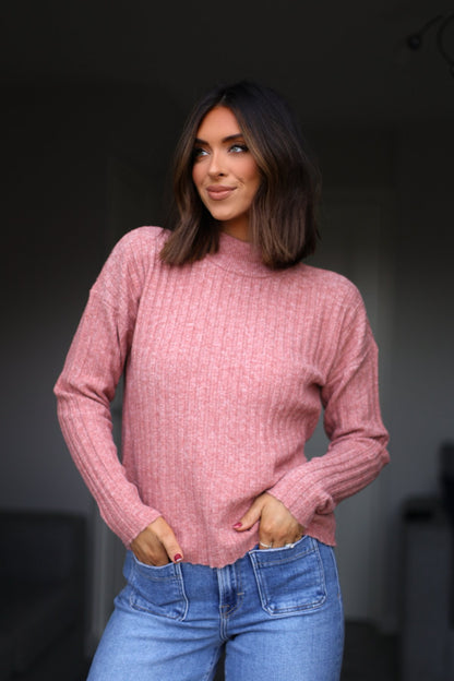 Pink Ribbed Mock Neck Sweater - Magnolia Boutique