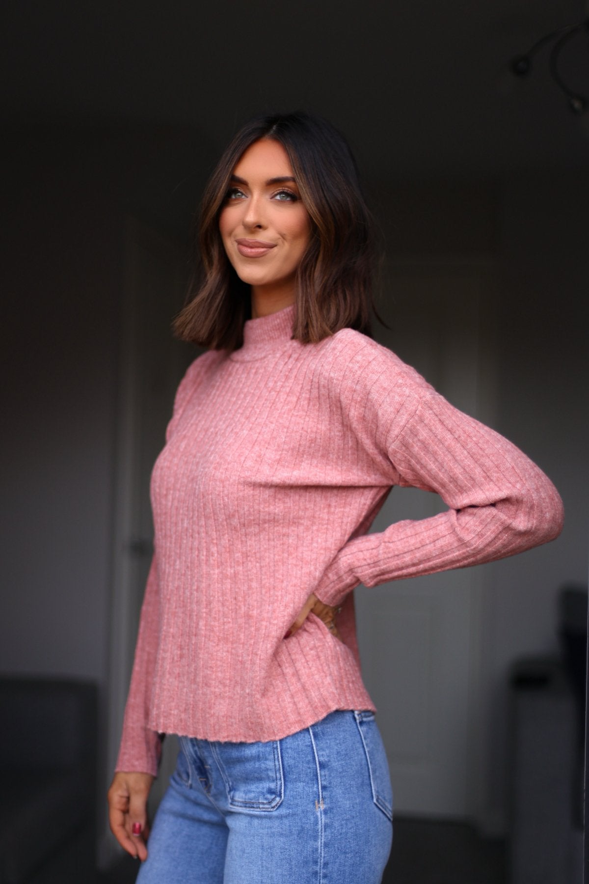 Pink Ribbed Mock Neck Sweater - Magnolia Boutique