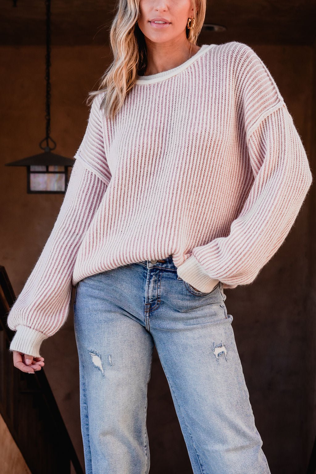 Pink Striped Seam Detail Sweater - Magnolia Boutique