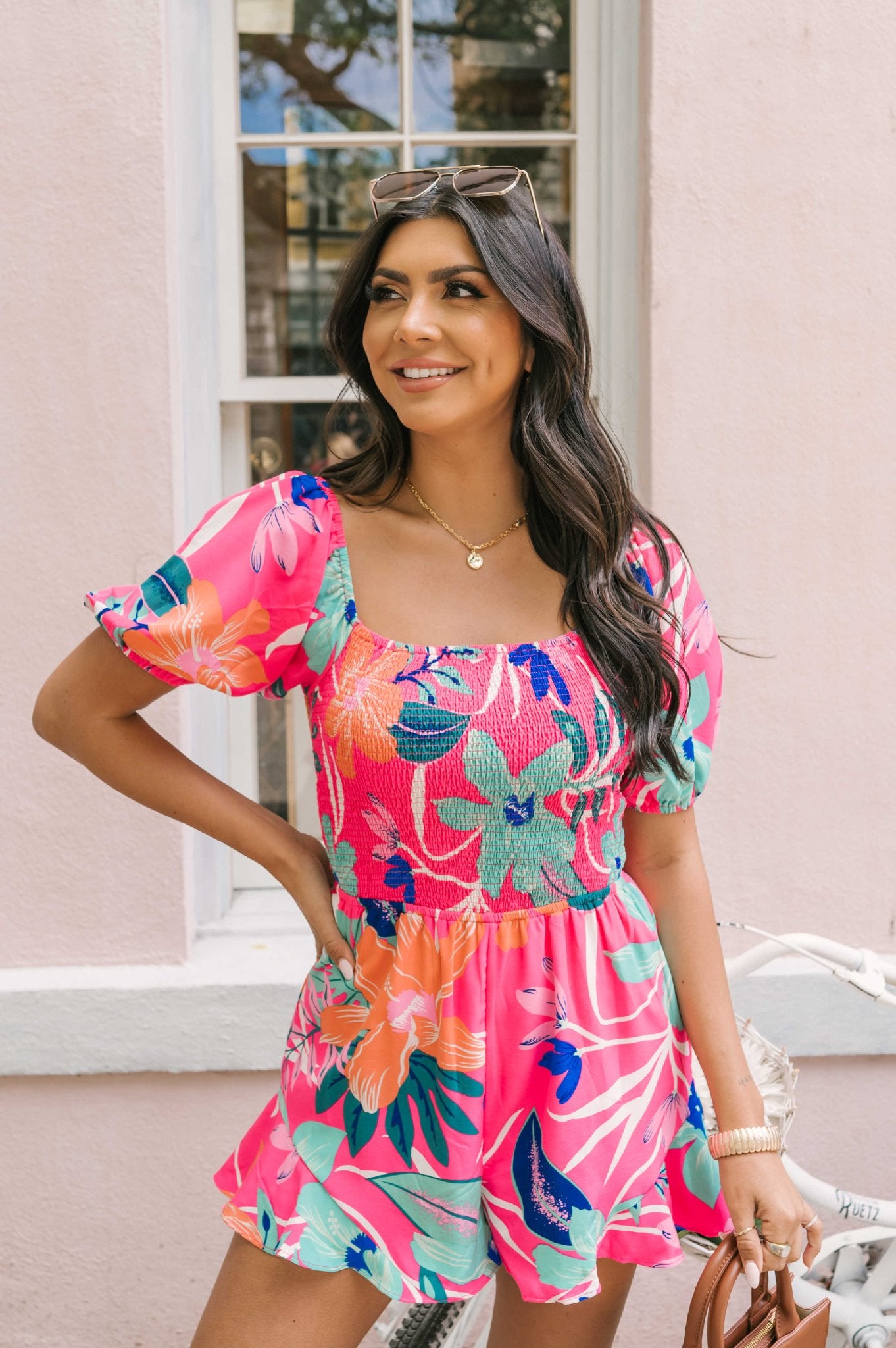 Pink Tropical Print Smocked Romper - Magnolia Boutique