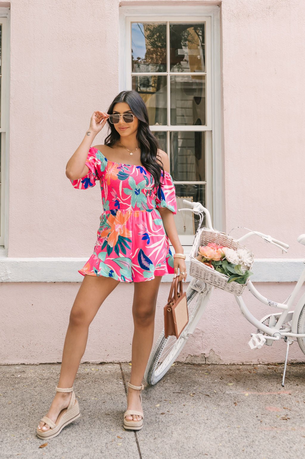 Pink Tropical Print Smocked Romper - Magnolia Boutique